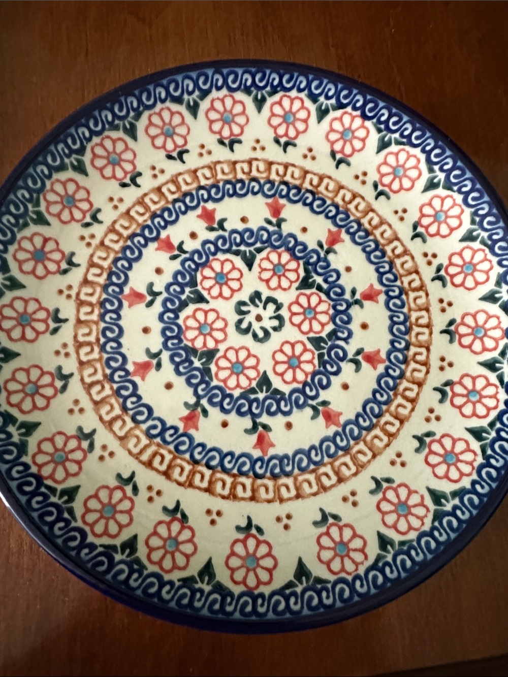 Unik Floral Ceramic 7” plate in Blue, Red, and Green. UNIKAT.  103-2 by M. Burdc